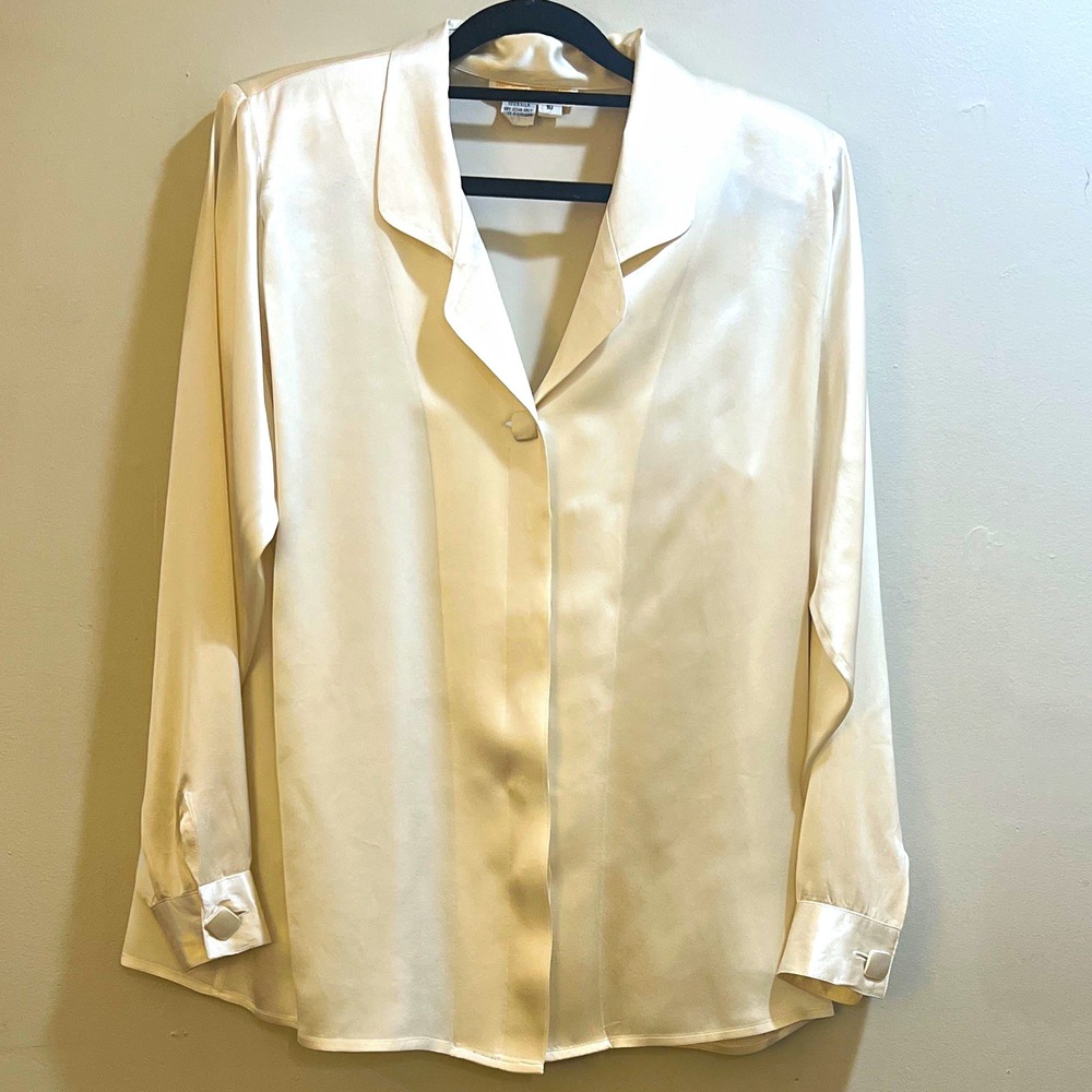 Brooks Brothers Women's 10 Ivory Silk Satin Vintage Collared Button Front Blouse